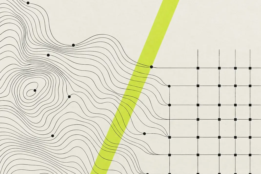 Abstract line drawing: organic contour lines on the left resolving into a rigid ruled grid on the right, crossed by a single lime diagonal.