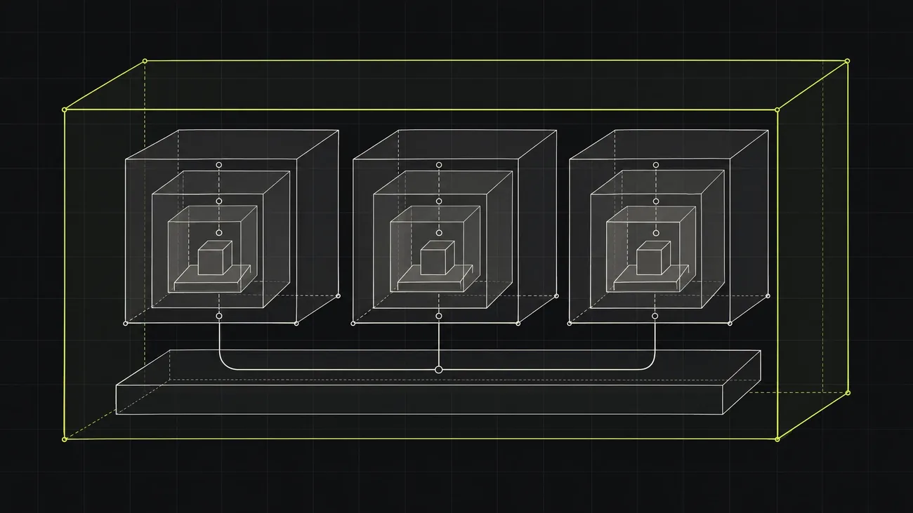 Abstract line diagram of nested translucent layers stacked behind one another, linked by thin connector lines, on a near-black ground.